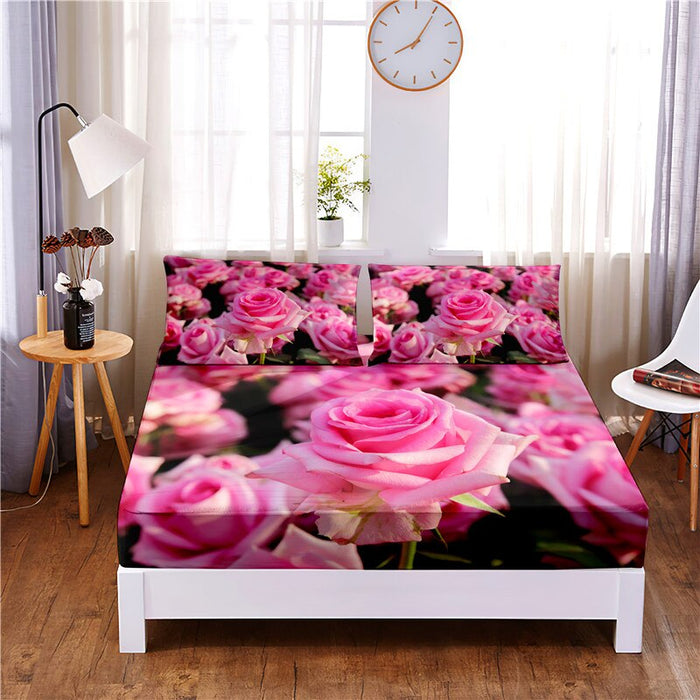 Rose Printed Fitted Sheet Mattress Cover With Elastic Band Bed Sheet Pillowcases
