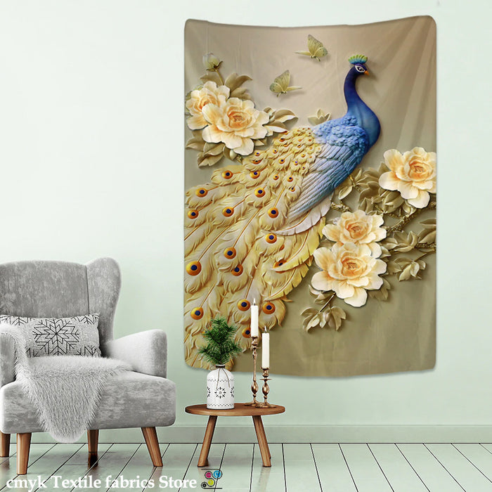 Blue Peacock Mural Tapestry Wall Hanging Tapis Cloth
