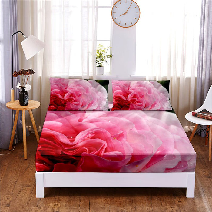 Rose Printed Fitted Sheet Mattress Cover With Elastic Band Bed Sheet Pillowcases
