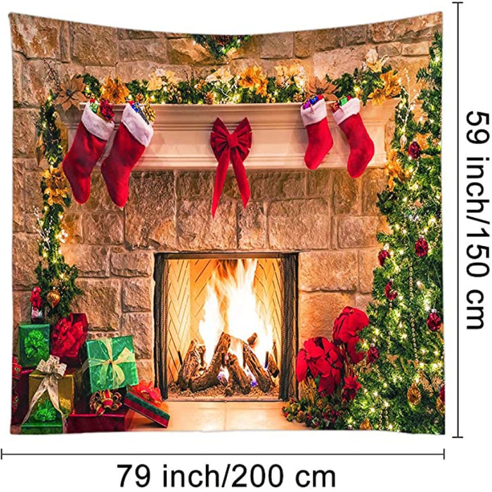 Christmas Fireplace Tapestry Wall Hanging - Home Room Wall Picture Art Tapestry Retro Wall Art Xmas Decor Bohemian Hippie Wall Tapestries Bedroom College Dorm Decor