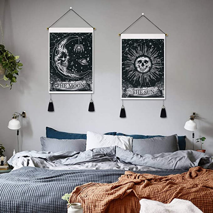 Pack of 2 Moon And Sun Tarot Card Tapestry The Sun Moon Tapestry Skull Floral Tapestry Psychedelic Stars Spider Insect Tapestries Black Celestial Tapestry Wall Hanging For Room