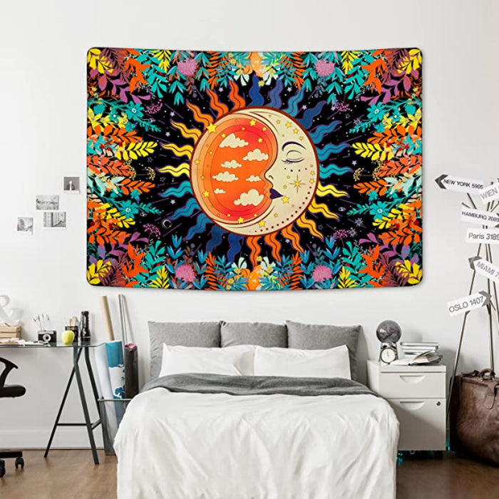 Moon Garden Tapestry Plants Flowers Tapestries Moon And Stars Tapestry Mystical Sun Tapestry Colorful Mandala Wall Hanging For Room