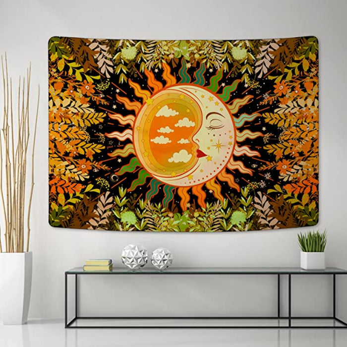 Moon Garden Tapestry Plants Flowers Tapestries Moon And Stars Tapestry Mystical Sun Tapestry Colorful Mandala Wall Hanging For Room - Green & Orange