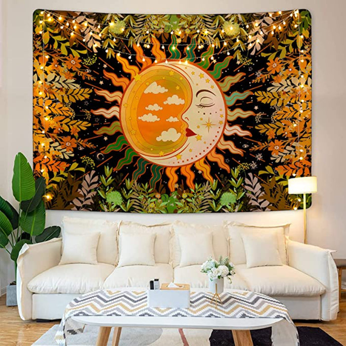 Moon Garden Tapestry Plants Flowers Tapestries Moon And Stars Tapestry Mystical Sun Tapestry Colorful Mandala Wall Hanging For Room - Green & Orange