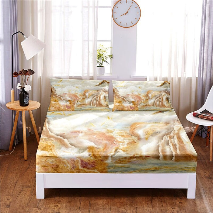3 Pcs Marble Digital Printed Polyester Fitted Bed Sheet Set