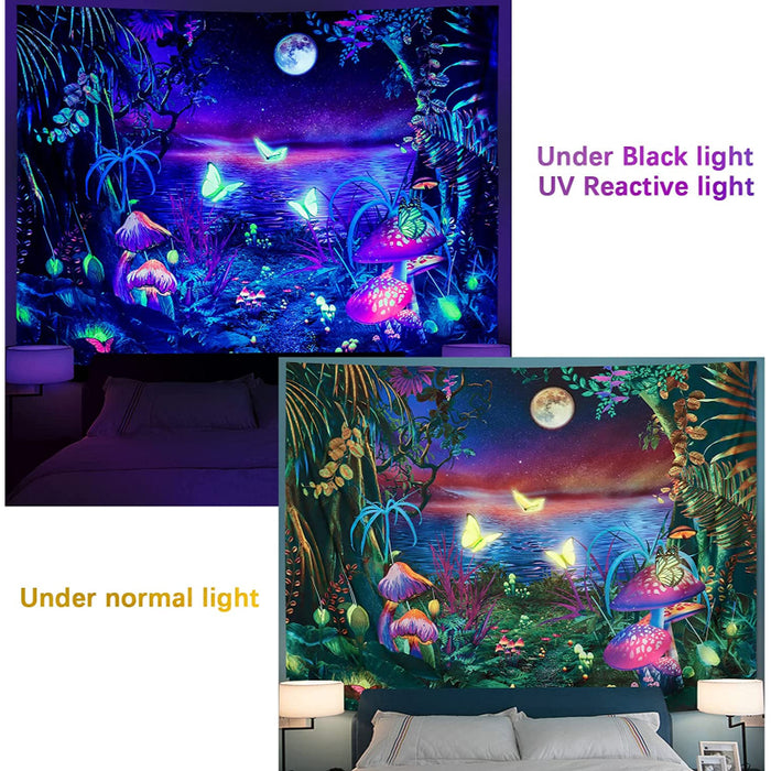 Blacklight Fantasy Forest Tapestry Trippy Aesthetic Mushroom Tapestry UV Reactive Butterfly Tapestries Galaxy Moon Space Tapestry Wall Hanging for Bedroom Living Room