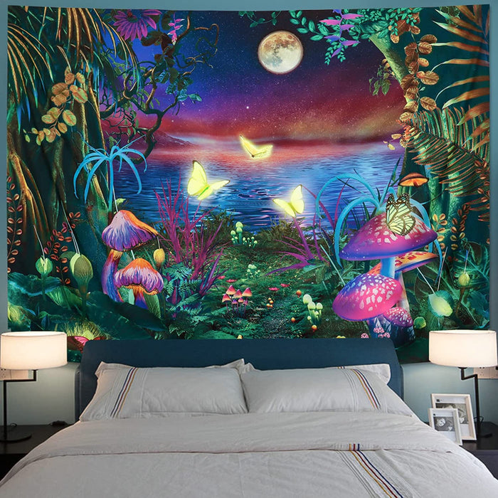 Blacklight Fantasy Forest Tapestry Trippy Aesthetic Mushroom Tapestry UV Reactive Butterfly Tapestries Galaxy Moon Space Tapestry Wall Hanging for Bedroom Living Room
