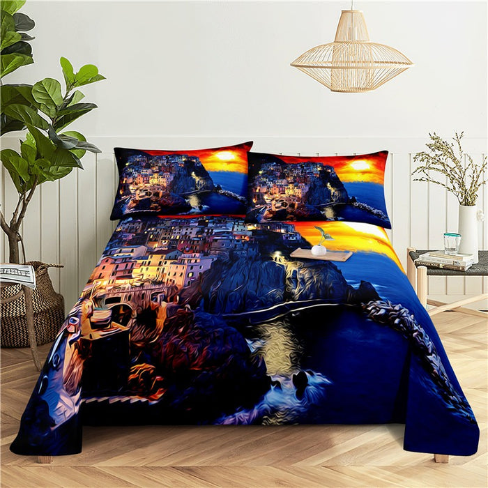 Oil Painting Print Bed Flat Bedding Set