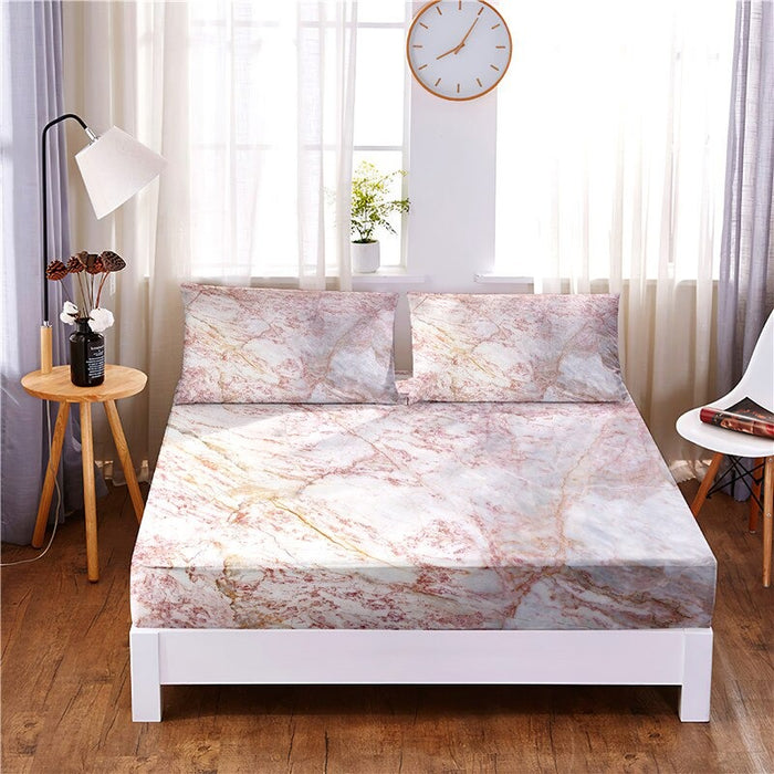 3 Pcs Marble Digital Printed Polyester Fitted Bed Sheet Set