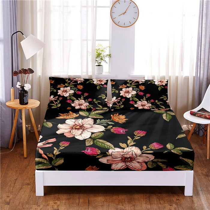3 Pcs Beautiful Flower Digital Printed Polyester Fitted Bed Sheet Set
