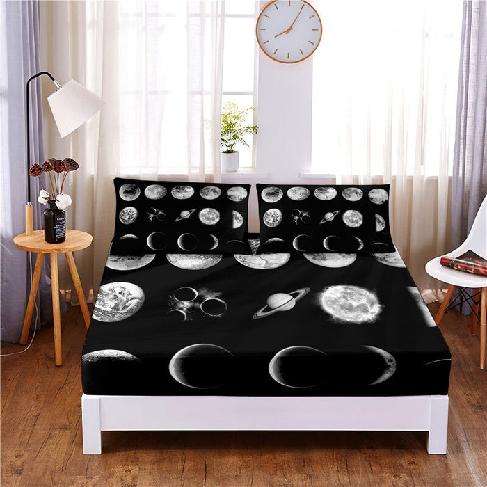 3 Pcs Moon Digital Printed Polyester Fitted Bed Sheet Set