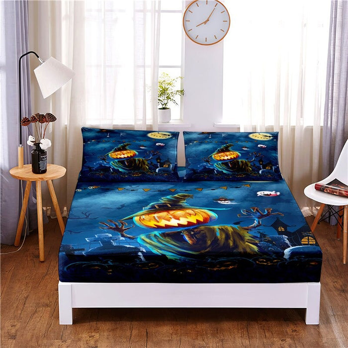 3 Pcs Halloween Digital Printed Polyester Fitted Bed Sheet Set