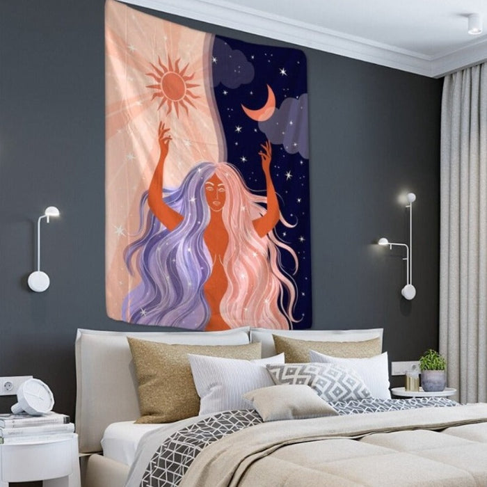 Moon Phase Girl Tapestry Wall Hanging Tapis Cloth