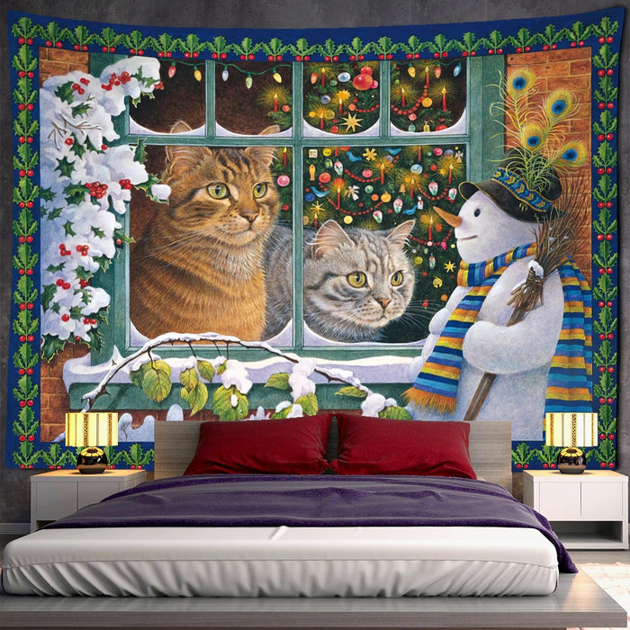 Christmas Kitten Snowman Tree Tapestry Wall Hanging Tapis Cloth