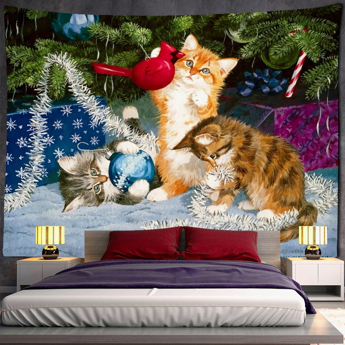 Christmas Kitten Snowman Tree Tapestry Wall Hanging Tapis Cloth