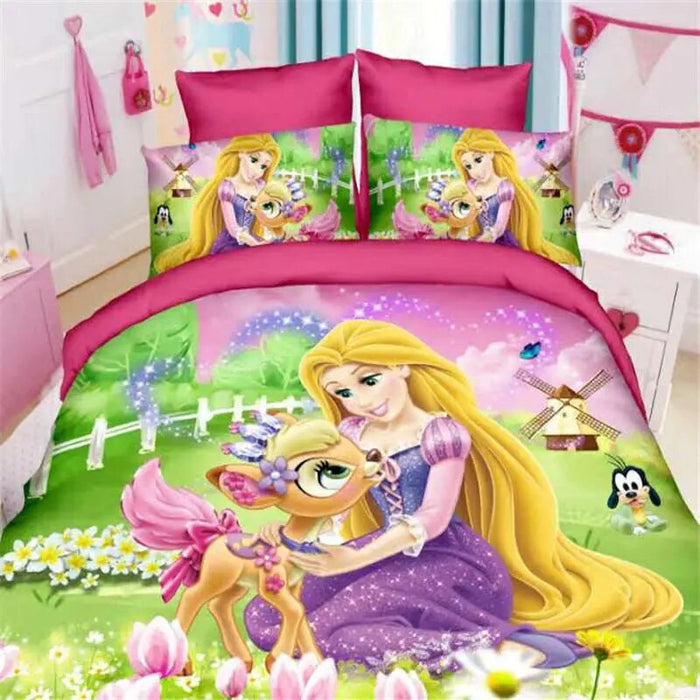 Cartoony Princess With Animal Print Bedding Set
