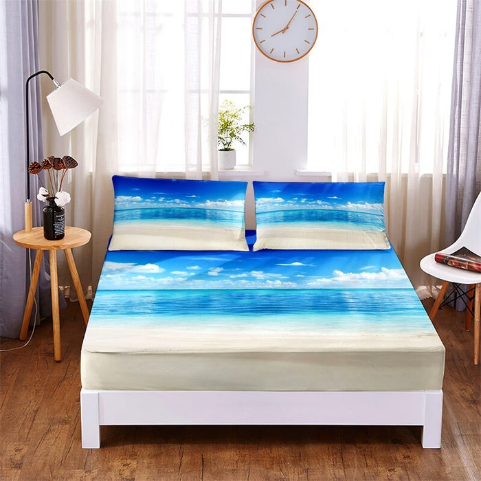 3 Pcs Sandy Beach Digital Printed Polyester Fitted Bed Sheet Set