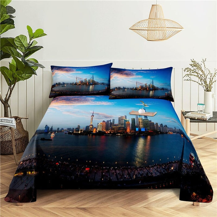 City Night Scene Printed Flat Bedding Set