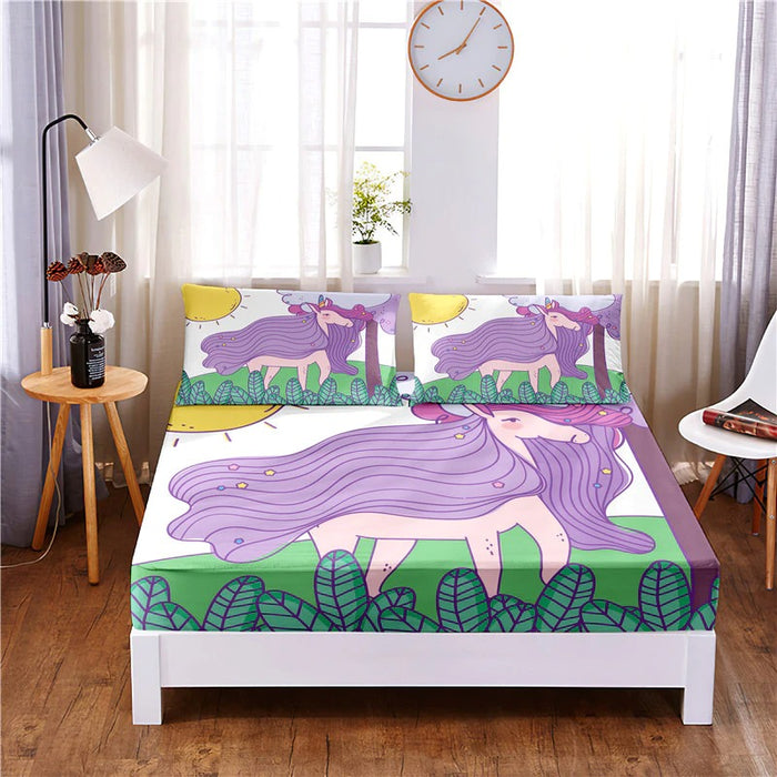 3 Pcs Lucky Unicorn Digital Printed Polyester Fitted Sheet