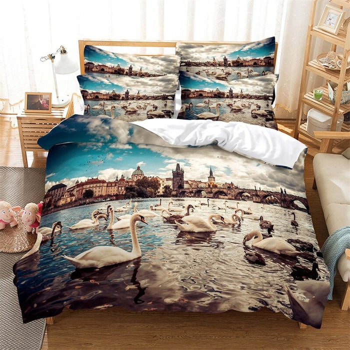 Night View Patterned Duvet Cover And Pillowcase Bedding Set