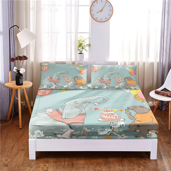 3 Pcs Cartoon Animal Digital Printed Polyester Fitted Sheet Set