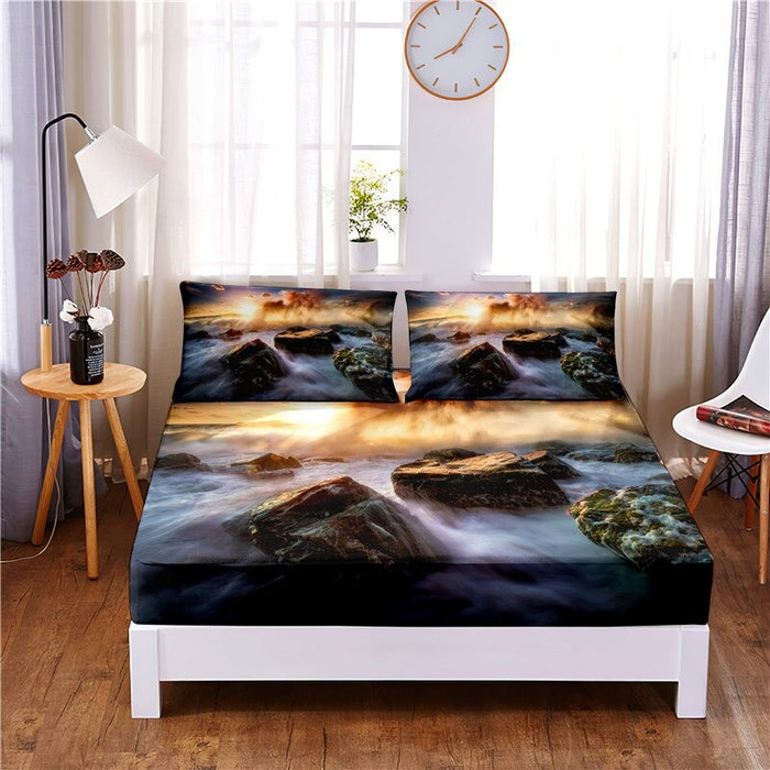 Landscape Digital Printed Fitted Sheet With Pillow Covers