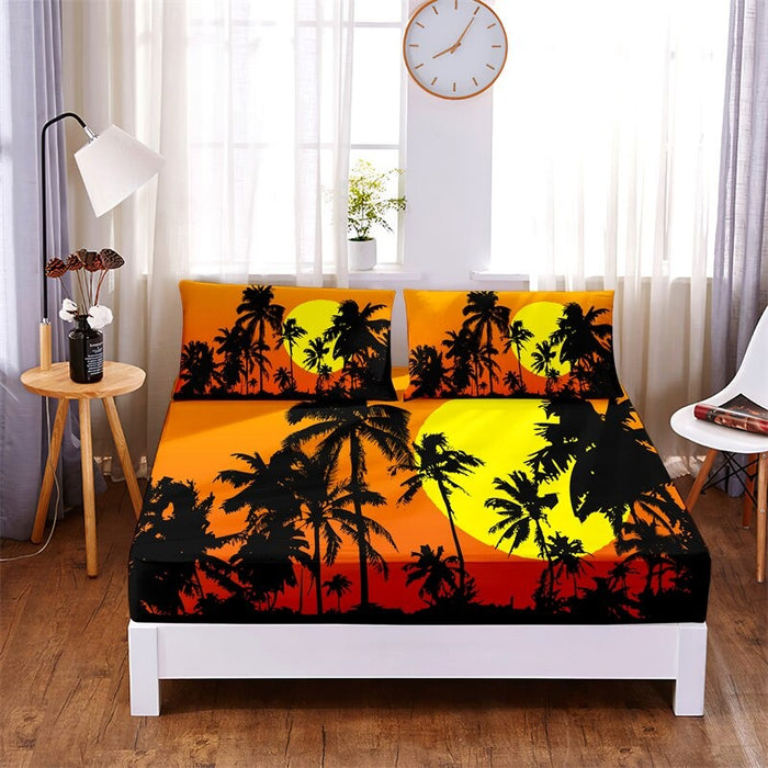 3 Pcs Sandy Beach Digital Printed Polyester Fitted Bed Sheet Set