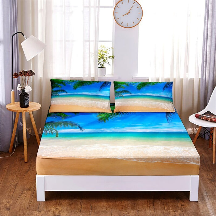 3 Pcs Beach Trees Digital Printed Polyester Fitted Bed Sheet Set