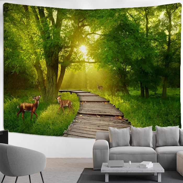 Sika Deer Green Forest Tapestry Wall Hanging Tapis Cloth