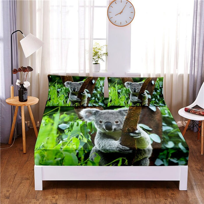 3 Pcs Lovely Koala Digital Printed Polyester Fitted Bed Sheet Set