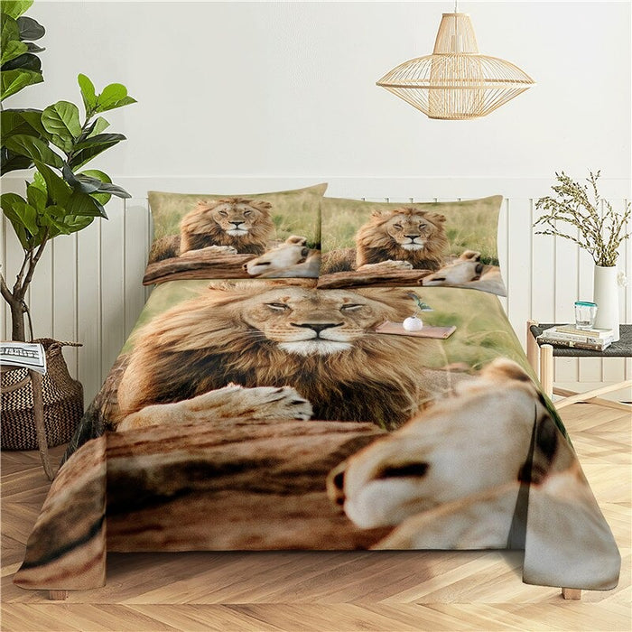 Warm Lion Print Bed Flat Bedding Set