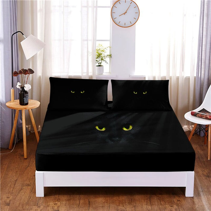 3 Pcs Cute Cat Digital Printed Polyester Fitted Bed Sheet Set