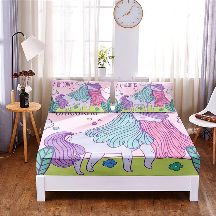 3 Pcs Lucky Unicorn Digital Printed Polyester Fitted Sheet