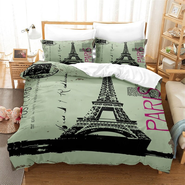 Eiffel Tower Print Duvet Cover Sheet Bedding Set