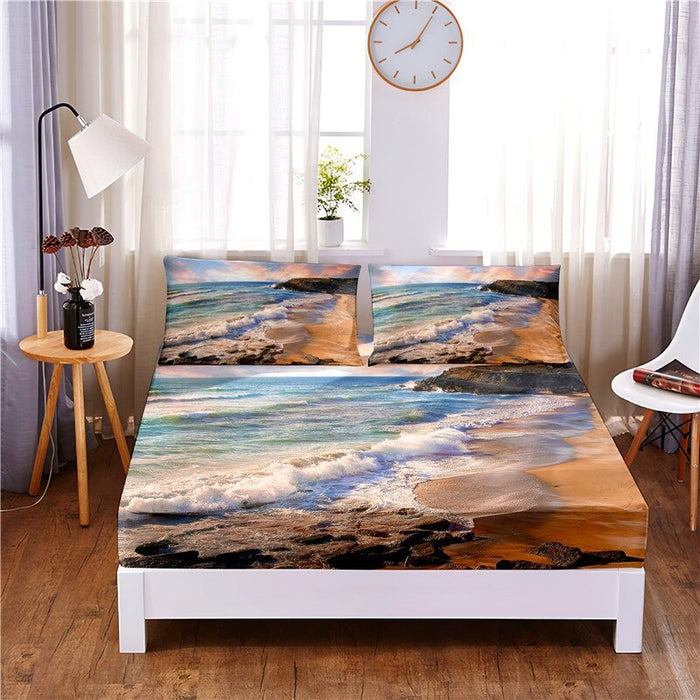 3 Pcs Seaside Digital Printed Polyester Bed Sheet Set