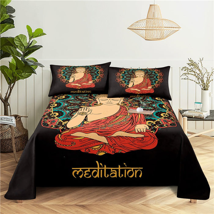 Buddha Statue Print Flat Bed Bedding Set