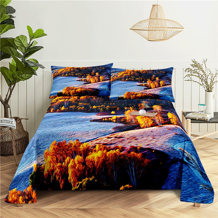 Oil Painting Print Bed Flat Bedding Set