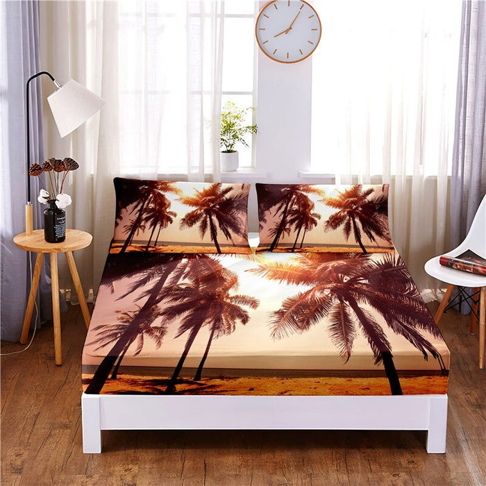 3 Pcs Coconut Tree Digital Printed Polyester Fitted Bed Sheet Set