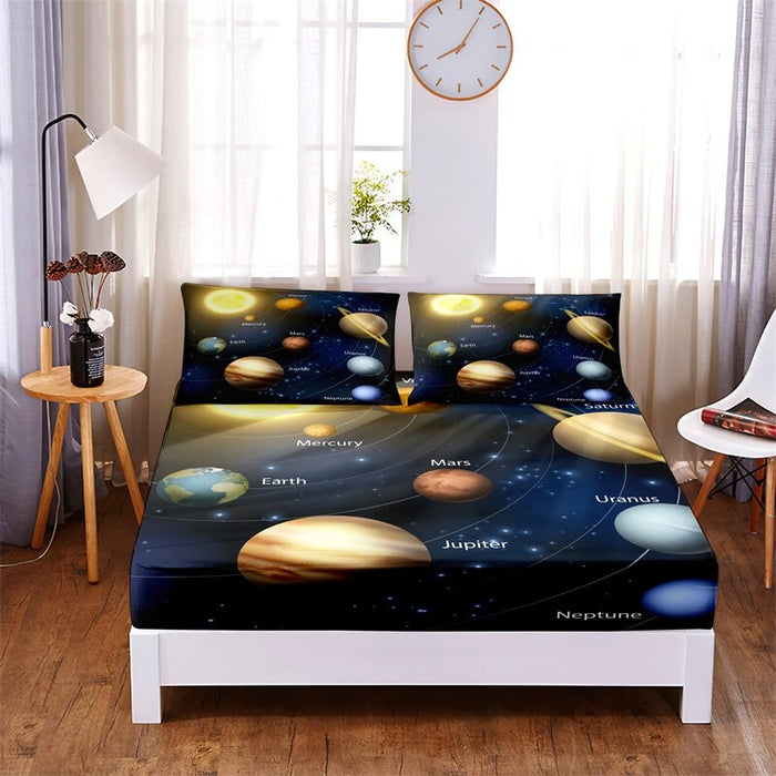 3 Pcs Planet, Airplane Digital Printed Polyester Fitted Bed Sheet Set