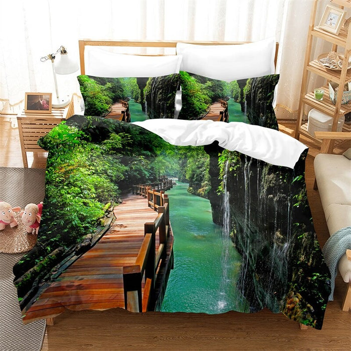 Printed Green Forest Bedding Set