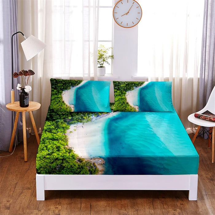 3 Pcs Beach Trees Digital Printed Polyester Fitted Bed Sheet Set