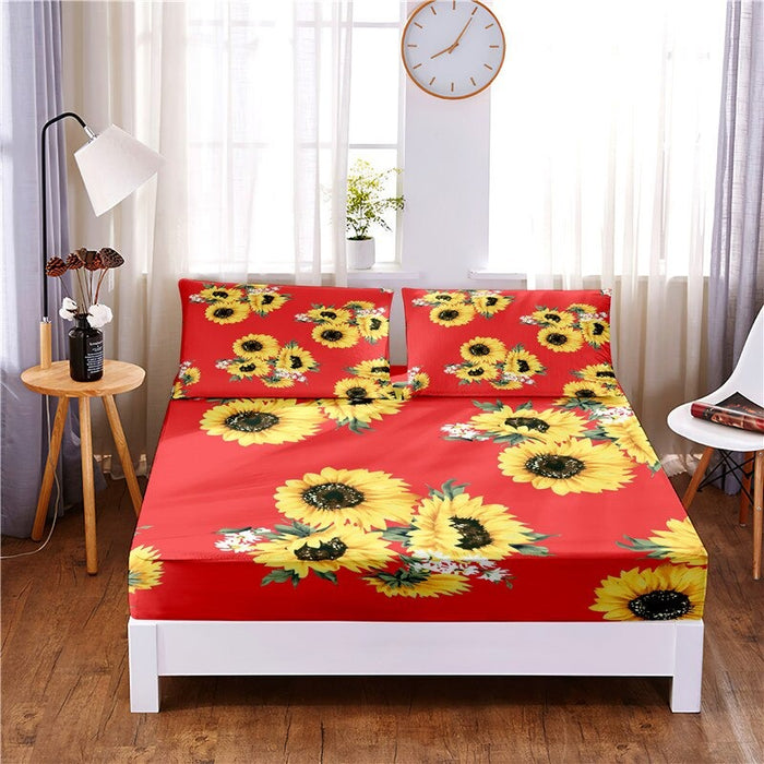 3 Pcs Sunflower Digital Printed Polyester Fitted Bed Sheet Set