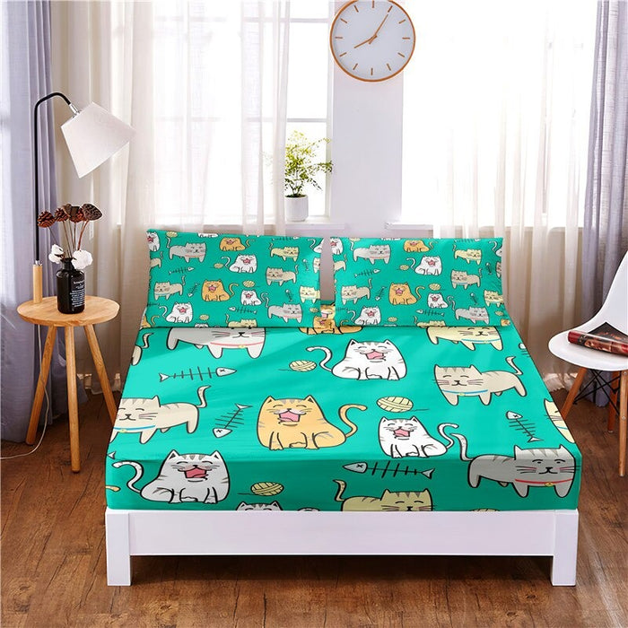 3 Pcs Animated Animal Digital Printed Polyester Fitted Bed Sheet Set