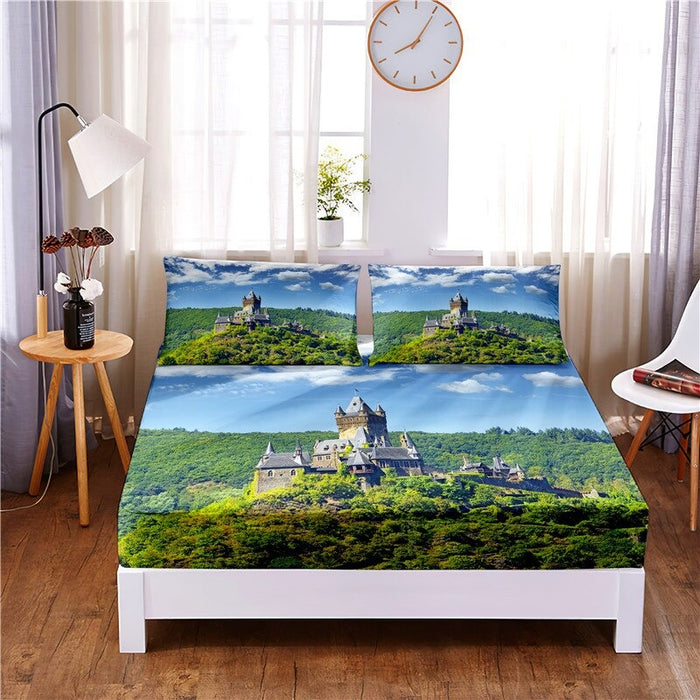 3 Pcs Castle View Digital Printed Polyester Fitted Sheet Set