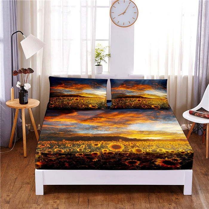 3 Pcs Sunflower Digital Printed Polyester Bedding Sheet Set