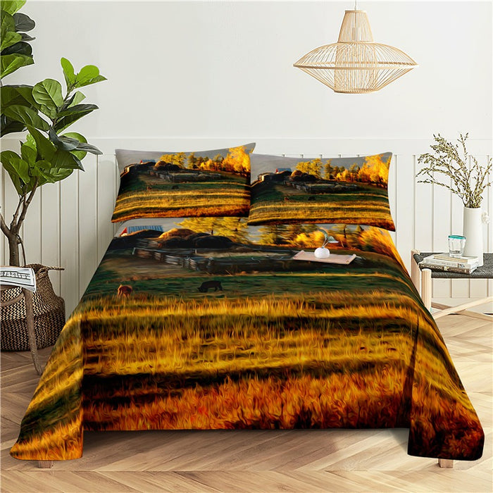 Oil Painting Print Bed Flat Bedding Set