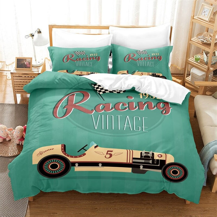Racing Patterned Duvet Cover And Pillowcase Bedding Set