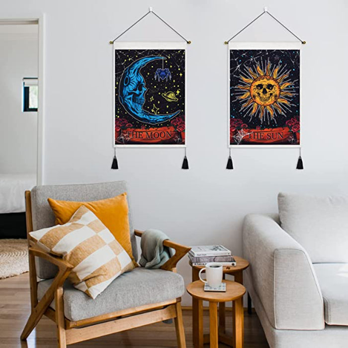 Pack of 2 Tarot Card Tapestry Moon And Sun Tarot Tapestry Skull Floral Tapestry Psychedelic Spider Insect Tapestries Trippy Celestial Tapestry Wall Hanging For Room