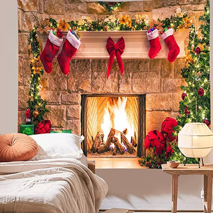 Christmas Fireplace Tapestry Wall Hanging - Home Room Wall Picture Art Tapestry Retro Wall Art Xmas Decor Bohemian Hippie Wall Tapestries Bedroom College Dorm Decor