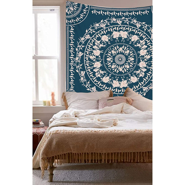 Blue Sketched Floral Medallion Tapestry, Bohemian Mandala Wall Hanging Tapestries, Indian Art Print Mural for Bedroom Living Room Dorm Home Decor